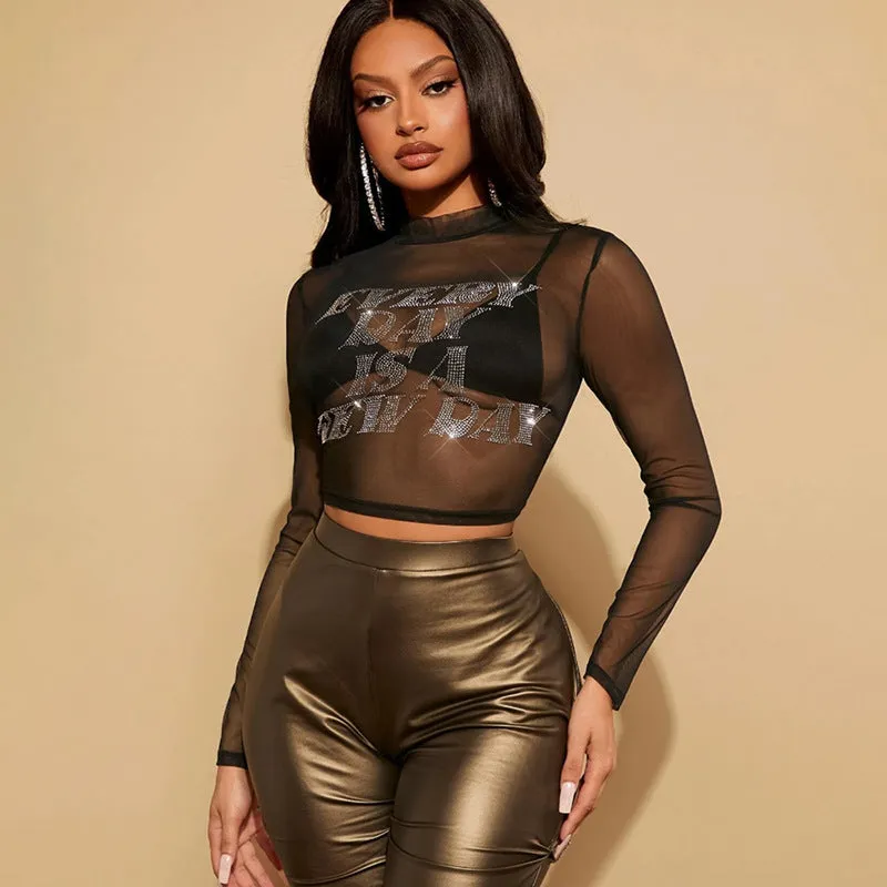 M23TP183 European And American-Style Cross-Border Women's Clothing2023New Hot Rhinestone Mesh Skinny Short Navel round Neck Short SleeveTT-shirt