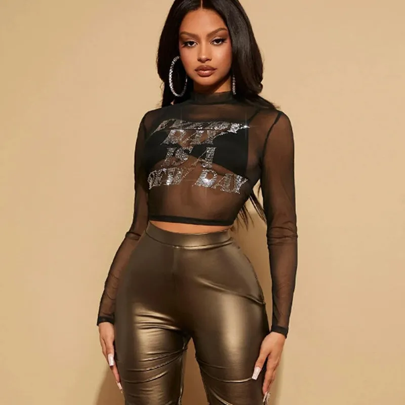M23TP183 European And American-Style Cross-Border Women's Clothing2023New Hot Rhinestone Mesh Skinny Short Navel round Neck Short SleeveTT-shirt