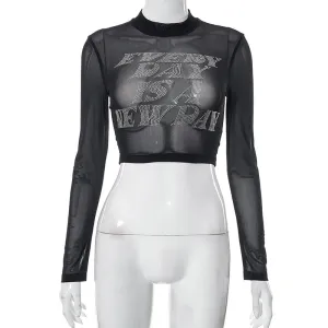 M23TP183 European And American-Style Cross-Border Women's Clothing2023New Hot Rhinestone Mesh Skinny Short Navel round Neck Short SleeveTT-shirt