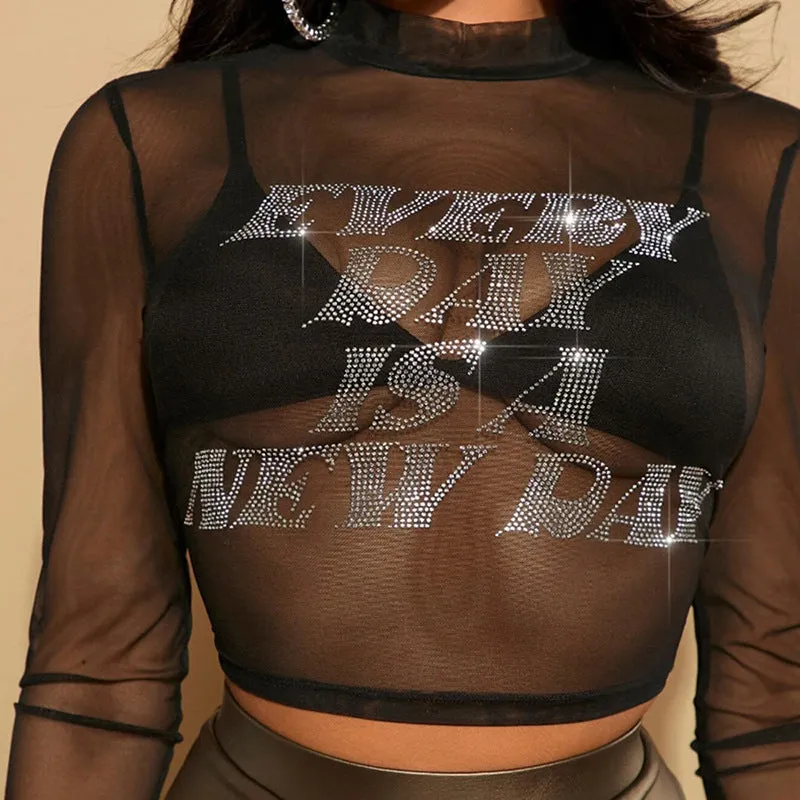 M23TP183 European And American-Style Cross-Border Women's Clothing2023New Hot Rhinestone Mesh Skinny Short Navel round Neck Short SleeveTT-shirt
