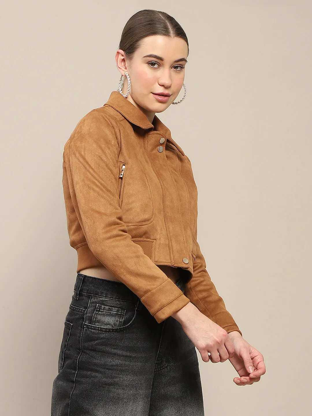 Madame Crop Suede Flap Collared Brown Jacket