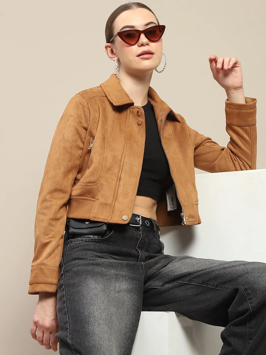 Madame Crop Suede Flap Collared Brown Jacket