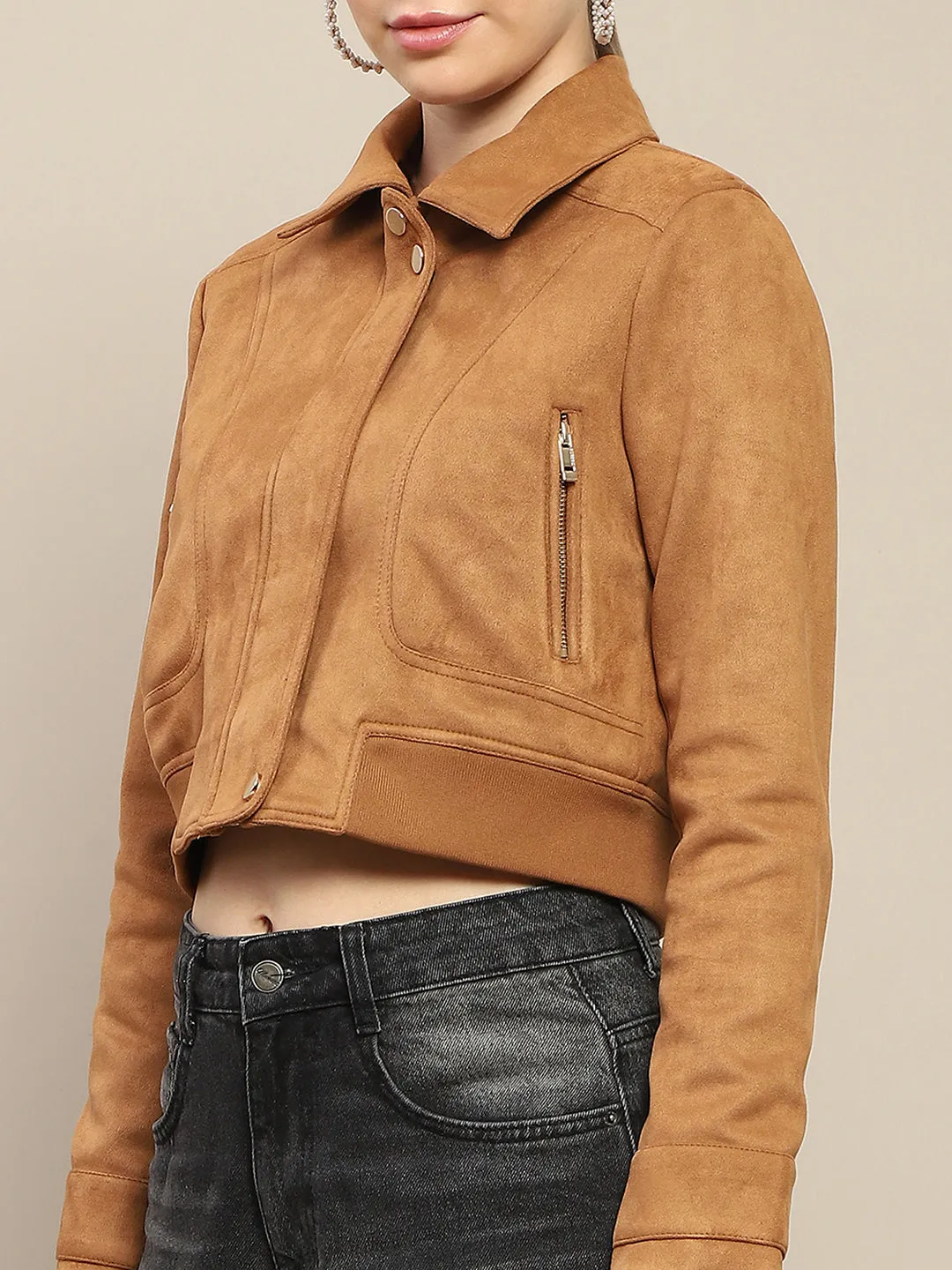 Madame Crop Suede Flap Collared Brown Jacket