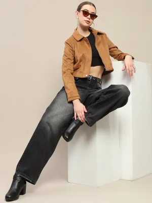 Madame Crop Suede Flap Collared Brown Jacket