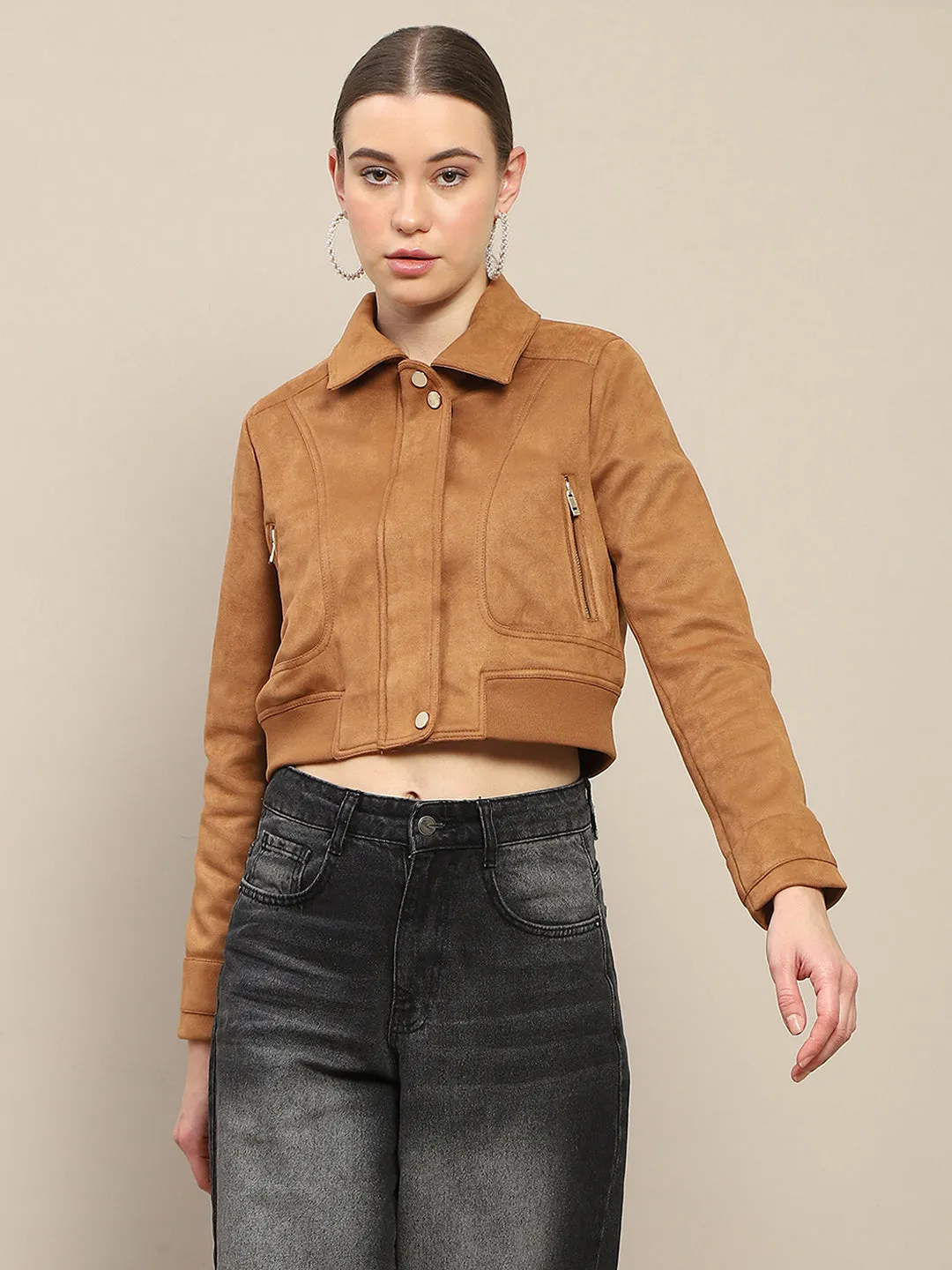 Madame Crop Suede Flap Collared Brown Jacket