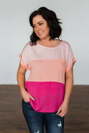 Made You Look Color Block Top- Peach & Fuchsia