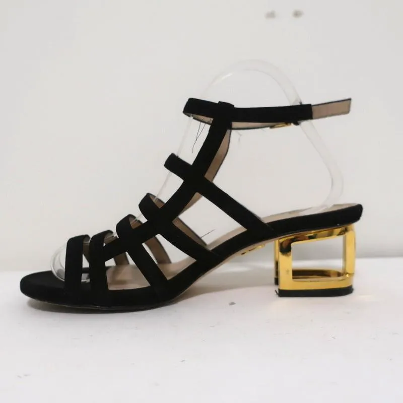 Maiyet Cage Sandals Valencia Black Suede Size 38 Ankle Strap Cutout-Heel