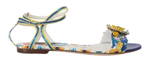 Majolica Crystal Leather Ankle Strap Flat Sandals