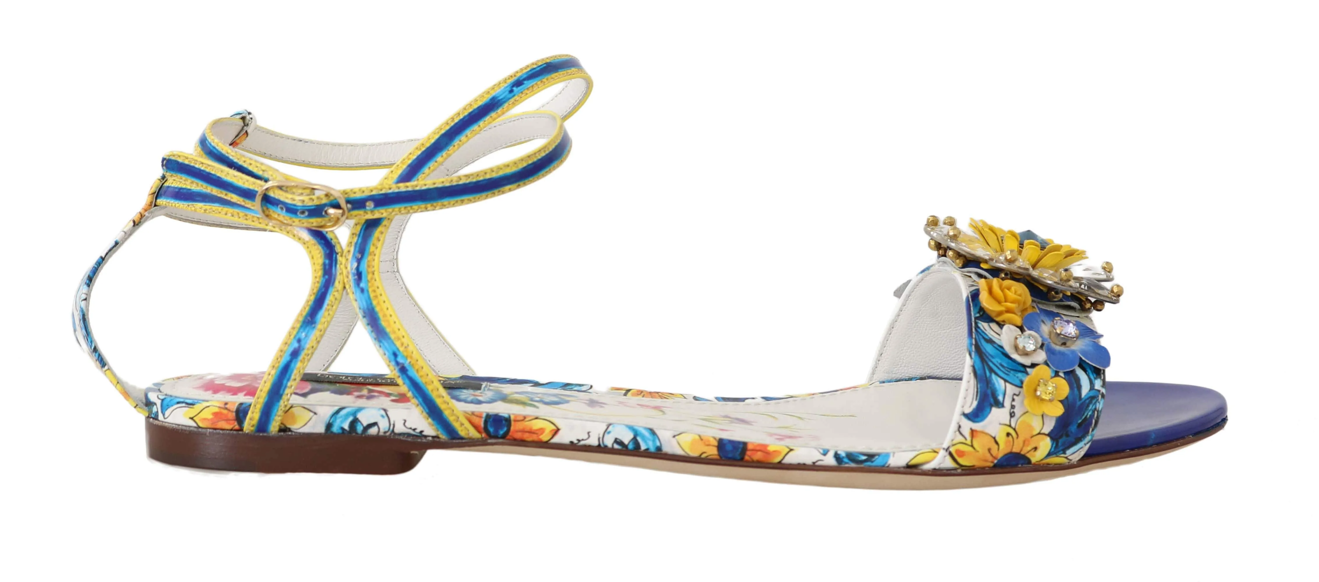 Majolica Crystal Leather Ankle Strap Flat Sandals
