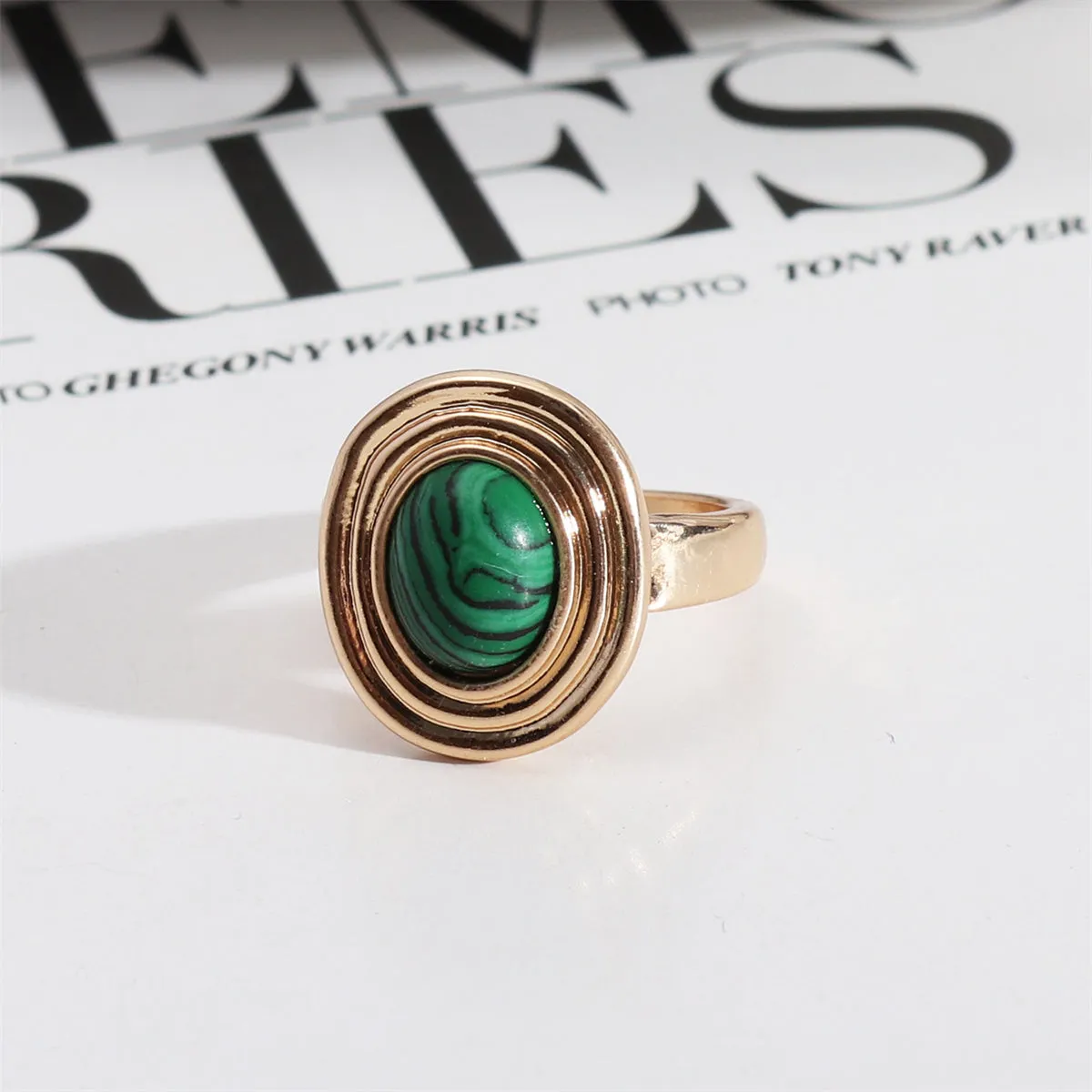 Malachite & 18K Gold-Plated Oval-Cut Layered Ring