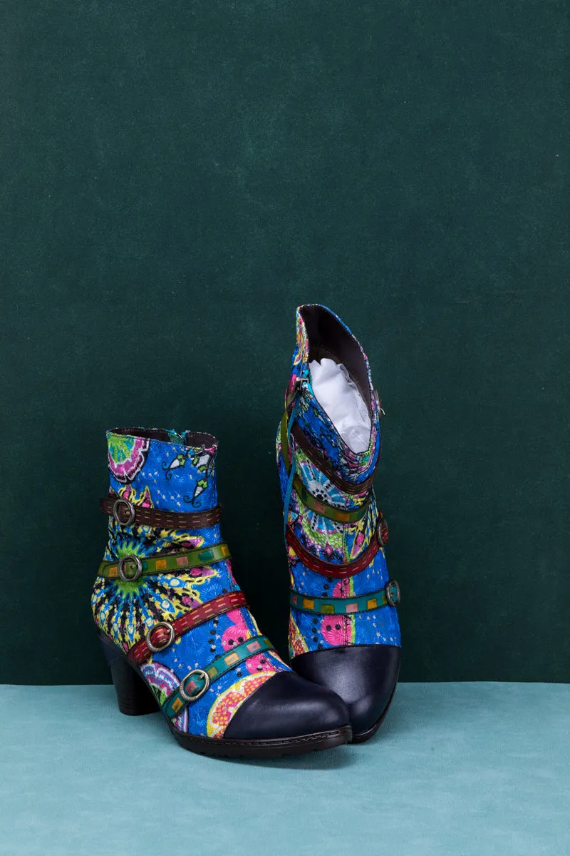 Mandala Blue Firework Strap Accent Leather Boot
