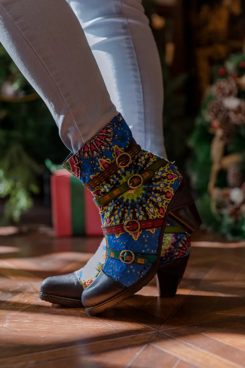 Mandala Blue Firework Strap Accent Leather Boot