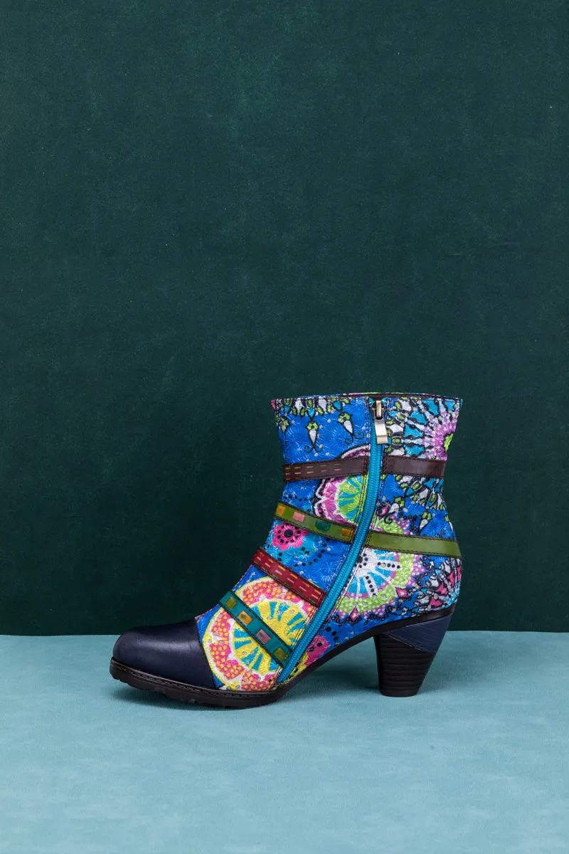 Mandala Blue Firework Strap Accent Leather Boot