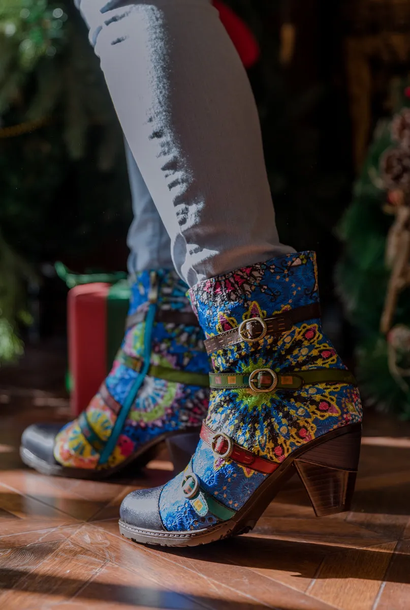 Mandala Blue Firework Strap Accent Leather Boot