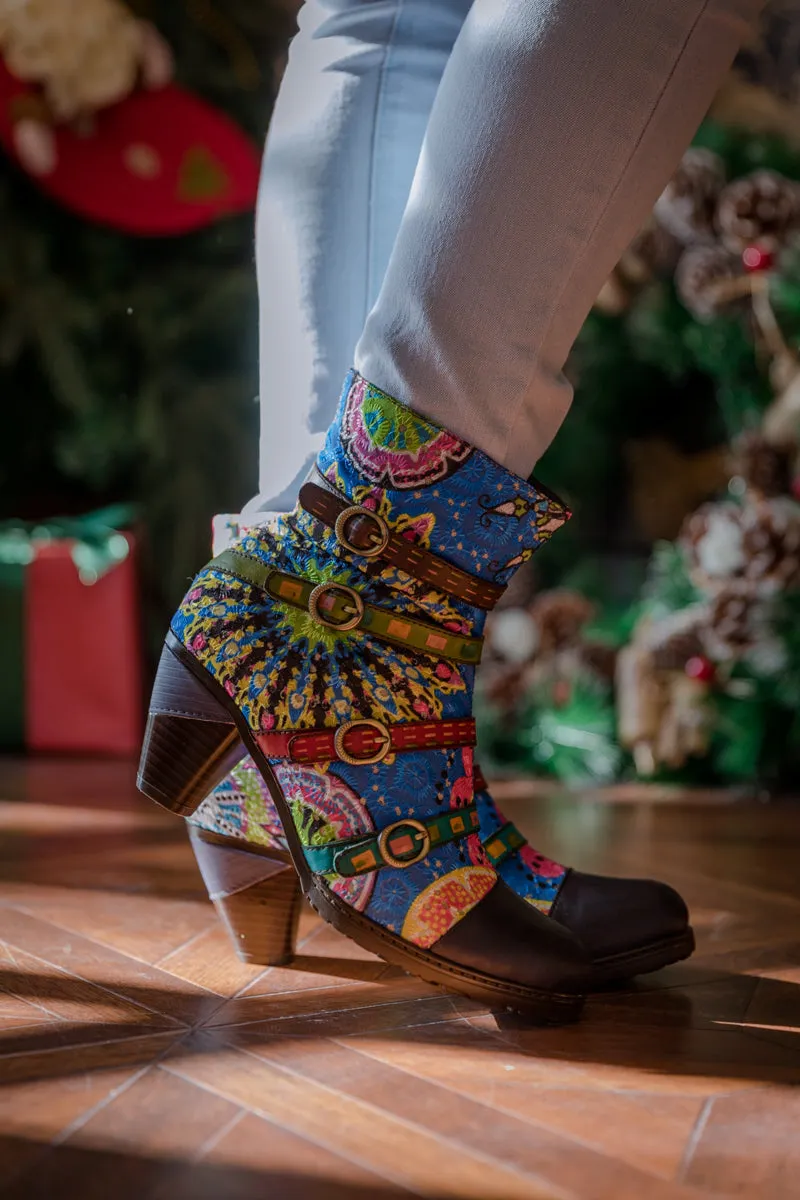 Mandala Blue Firework Strap Accent Leather Boot