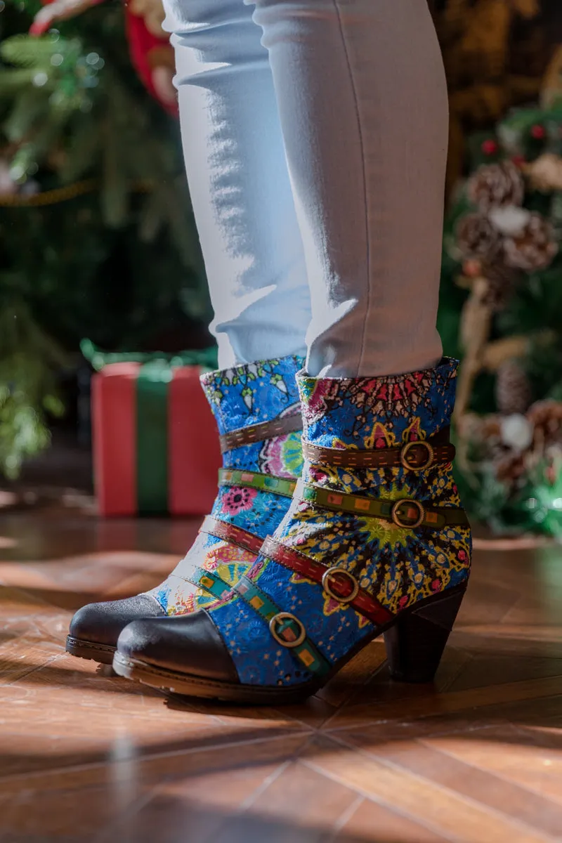 Mandala Blue Firework Strap Accent Leather Boot