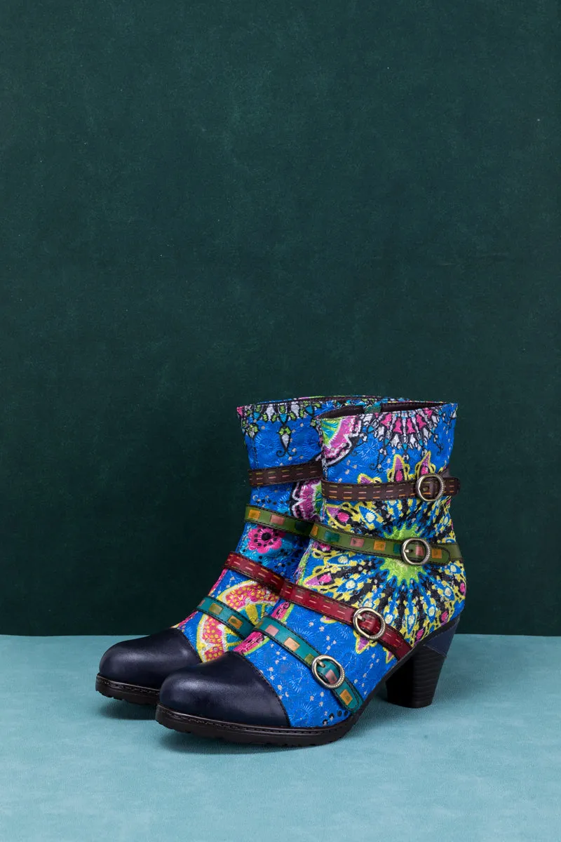 Mandala Blue Firework Strap Accent Leather Boot