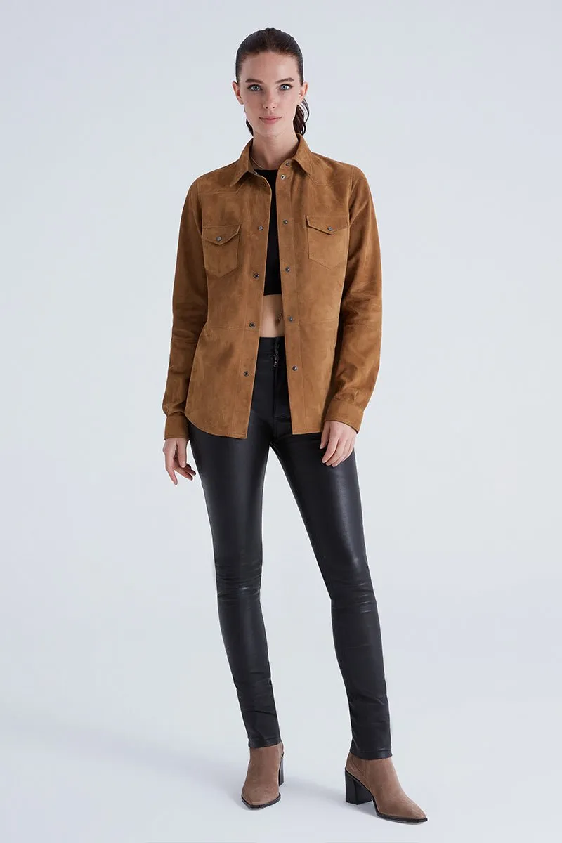 Mari Women's Suede Leather Shirt - Snuff
