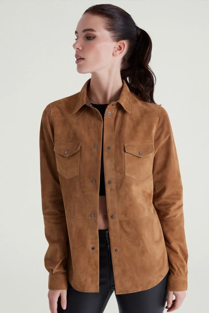 Mari Women's Suede Leather Shirt - Snuff