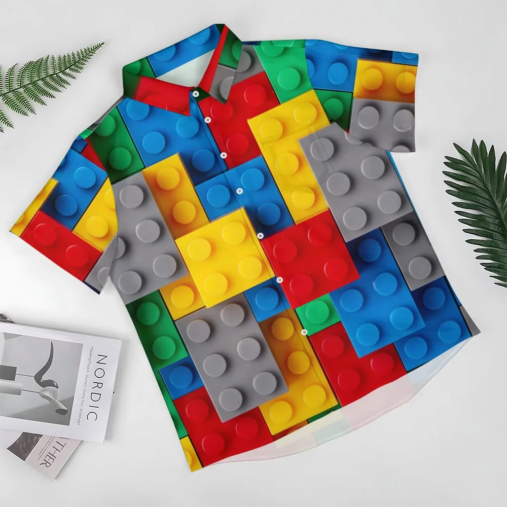 Men's Building Block Printing Casual Short Sleeve Shirt 2403000291