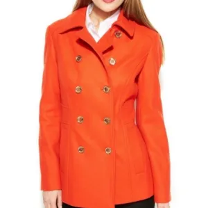 Michael Kors Women's Orange Wool Blend Double Breasted Pea Coat Size 10 Classic