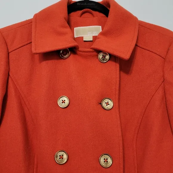 Michael Kors Women's Orange Wool Blend Double Breasted Pea Coat Size 10 Classic
