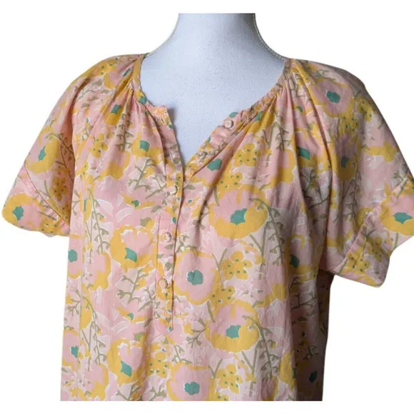 Mirth Handblocked Night Dress in Pink Lemonade Size Small Floral Night Gown