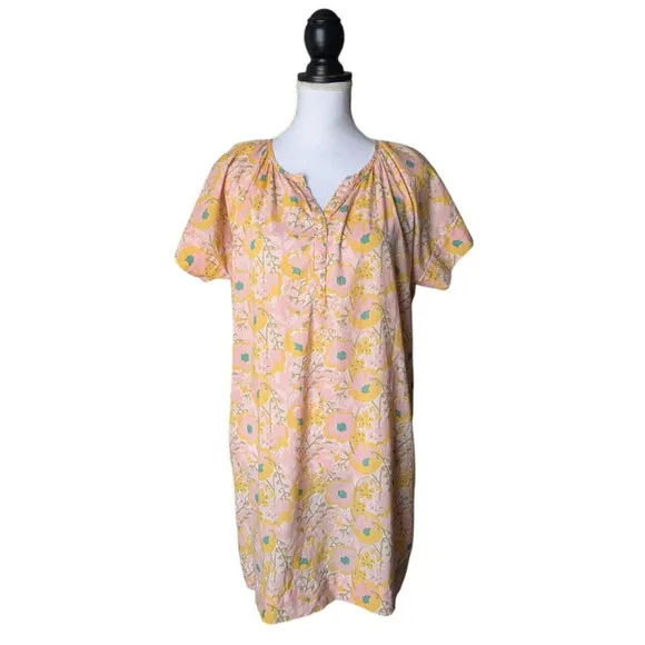 Mirth Handblocked Night Dress in Pink Lemonade Size Small Floral Night Gown