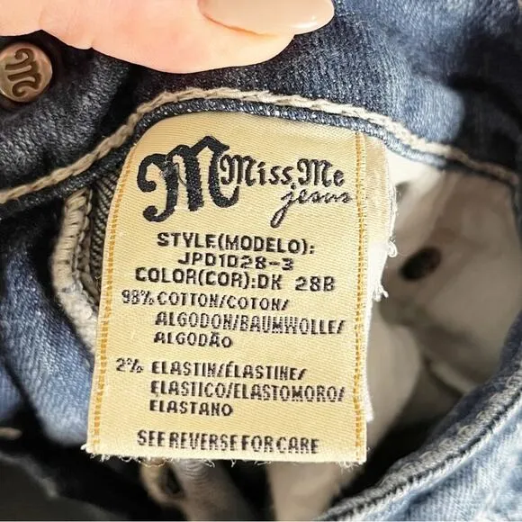 MISS ME | Blue Dark Wash &quot;IRENE&quot; Distressed Boot Cut Mid Rise Jeans | Bottoms