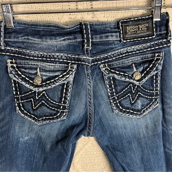 MISS ME | Blue Dark Wash &quot;IRENE&quot; Distressed Boot Cut Mid Rise Jeans | Bottoms