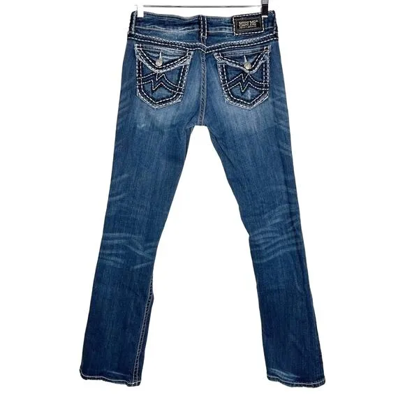 MISS ME | Blue Dark Wash &quot;IRENE&quot; Distressed Boot Cut Mid Rise Jeans | Bottoms