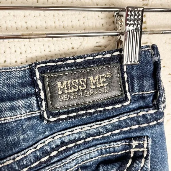 MISS ME | Blue Dark Wash &quot;IRENE&quot; Distressed Boot Cut Mid Rise Jeans | Bottoms