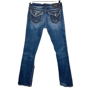 MISS ME | Blue Dark Wash &quot;IRENE&quot; Distressed Boot Cut Mid Rise Jeans | Bottoms