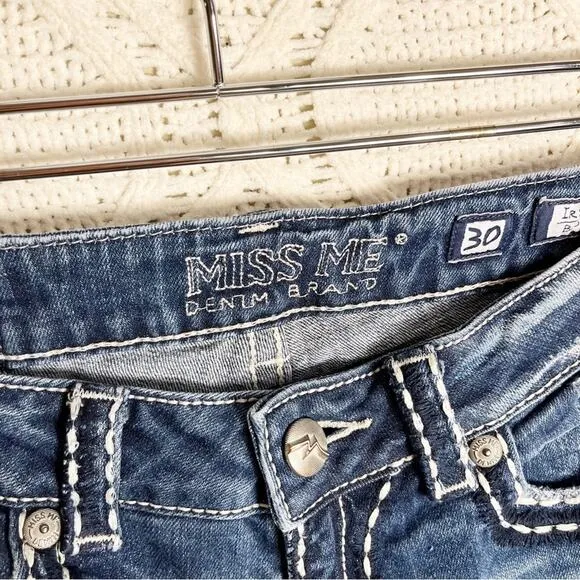 MISS ME | Blue Dark Wash &quot;IRENE&quot; Distressed Boot Cut Mid Rise Jeans | Bottoms