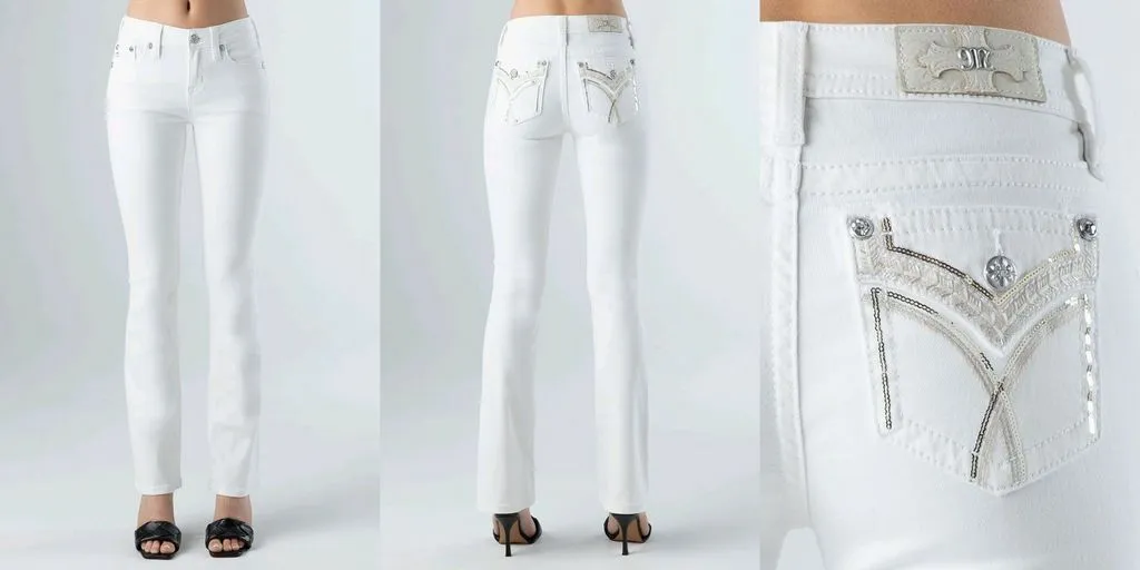 Miss Me White Crossed Lines Mid-Rise Bootcut Women's Denim Jeans