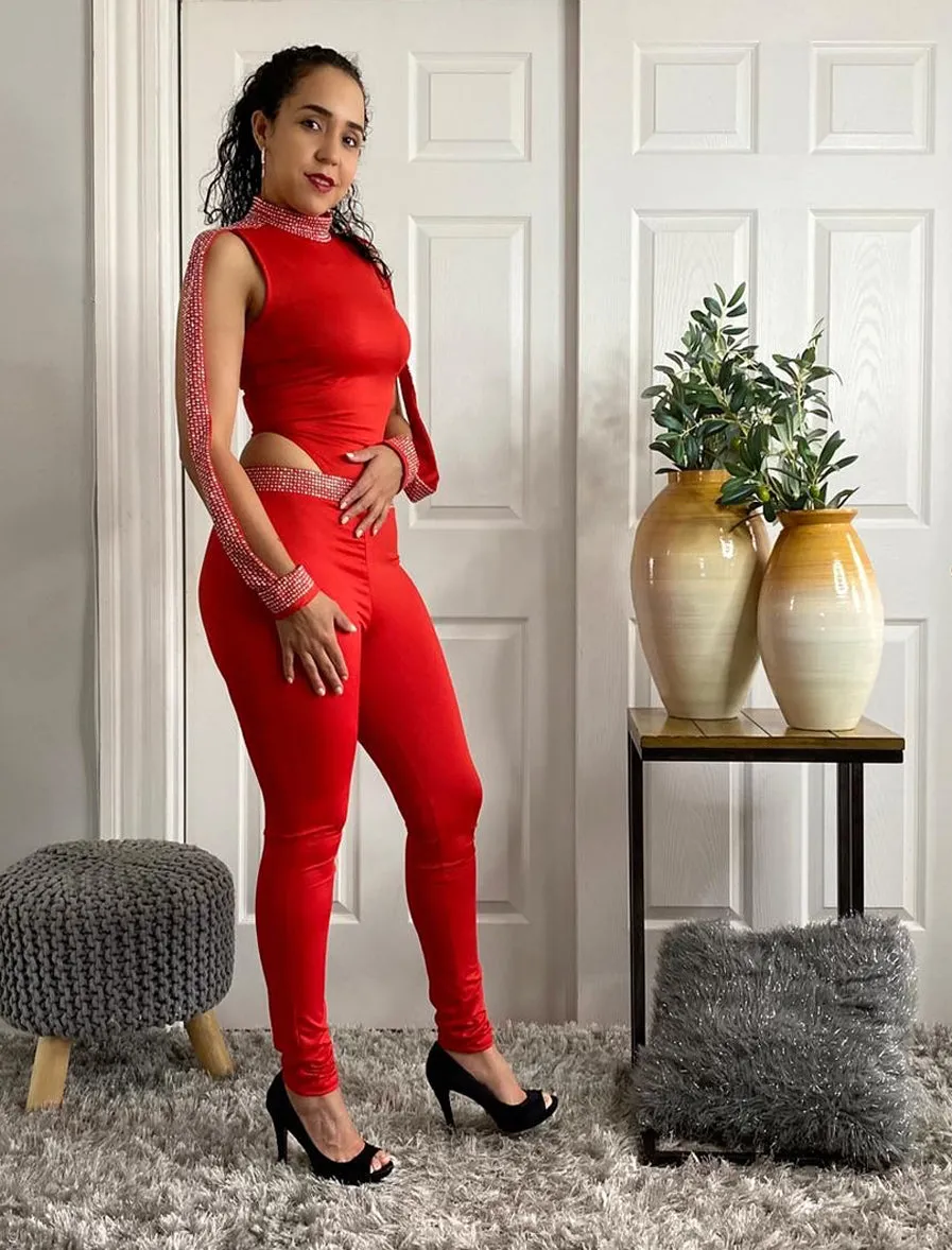 Mock Turtleneck Long Sleeve Embellished Bodysuit Matching Pants Set