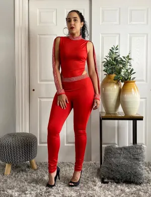 Mock Turtleneck Long Sleeve Embellished Bodysuit Matching Pants Set