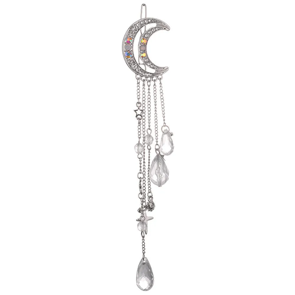 Moon Crystal Rhinestone Beads Dangle Hairpin Hair Clip Women Bridal Jewelry