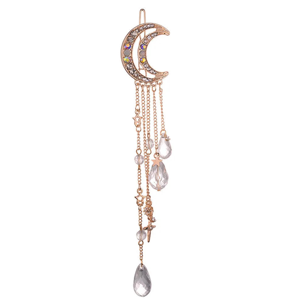 Moon Crystal Rhinestone Beads Dangle Hairpin Hair Clip Women Bridal Jewelry