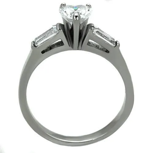 MT 1451 Newest - High polished (no plating) Stainless Steel Ring with Clear Crystal Heart Center and Baguettes on sides  April Birthstone