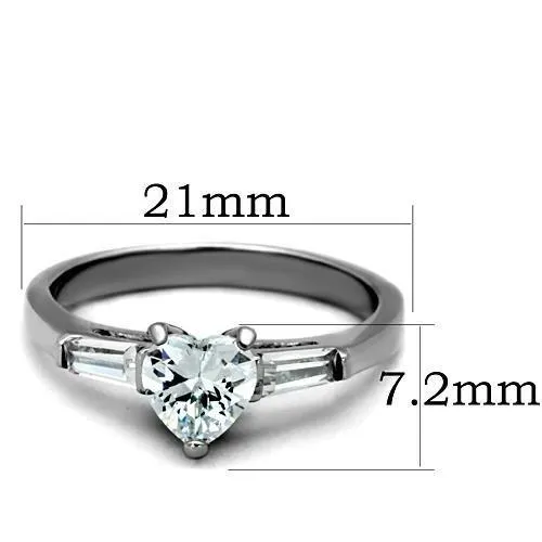 MT 1451 Newest - High polished (no plating) Stainless Steel Ring with Clear Crystal Heart Center and Baguettes on sides  April Birthstone