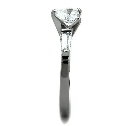 MT 1451 Newest - High polished (no plating) Stainless Steel Ring with Clear Crystal Heart Center and Baguettes on sides  April Birthstone