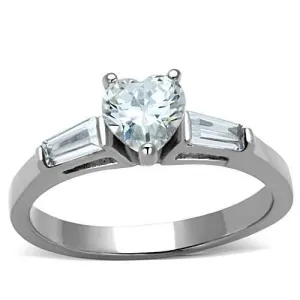 MT 1451 Newest - High polished (no plating) Stainless Steel Ring with Clear Crystal Heart Center and Baguettes on sides  April Birthstone