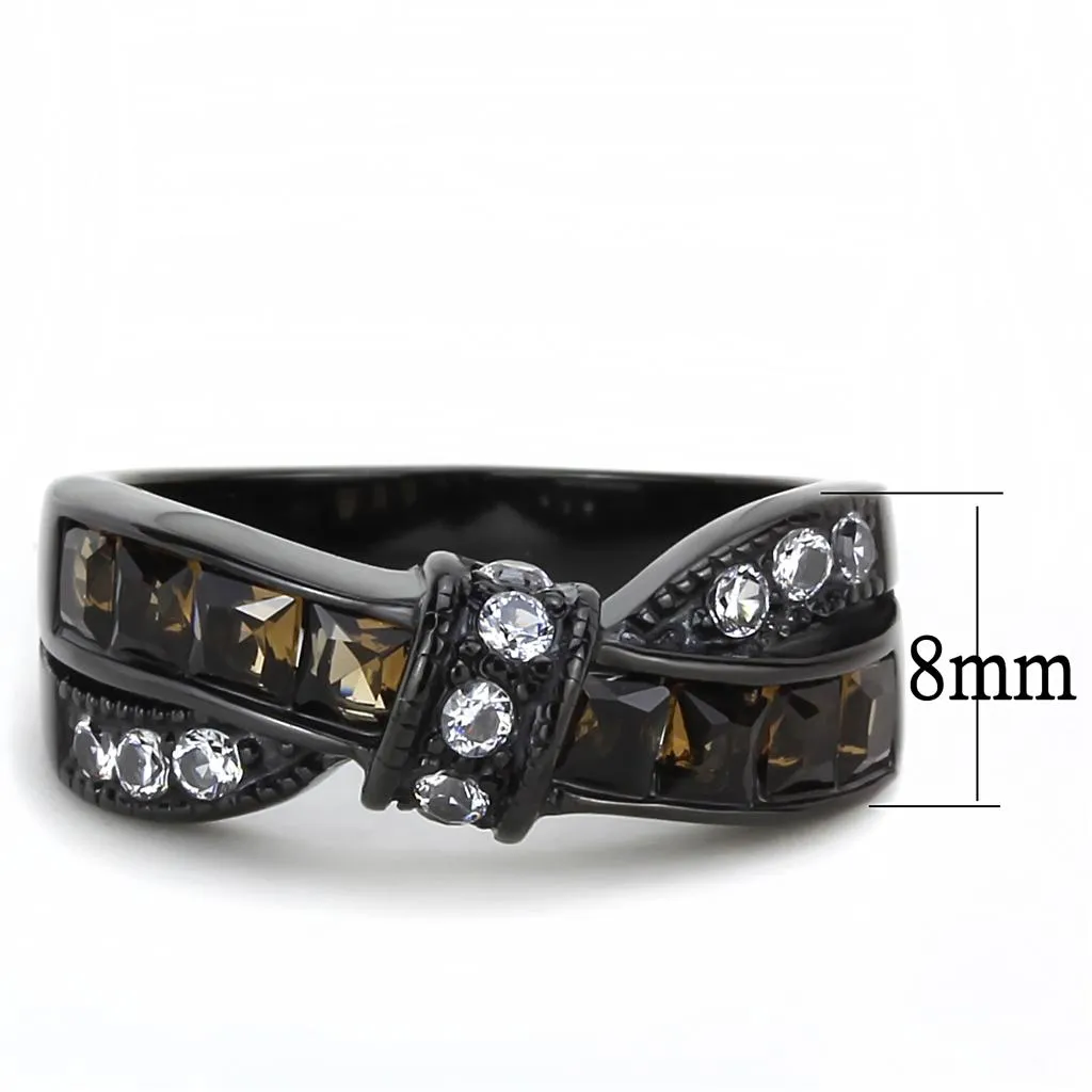 MT 2543 IP Black(Ion Plating) Stainless Steel Ring with Brown and Clear Crystals Newest