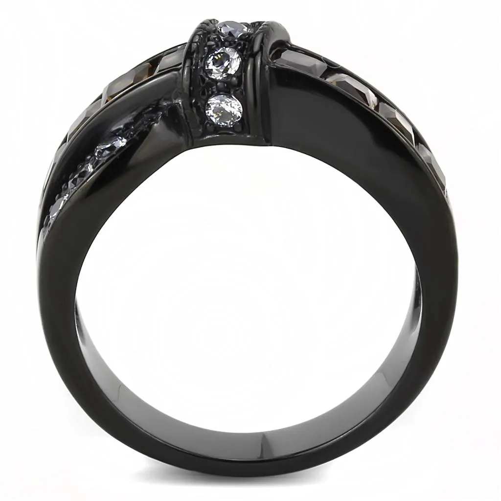 MT 2543 IP Black(Ion Plating) Stainless Steel Ring with Brown and Clear Crystals Newest