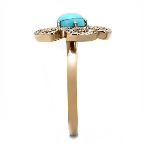 MT1023 - IP Rose Gold(Ion Plating) Stainless Steel Flower Ring with Synthetic Turquoise in Sea Blue