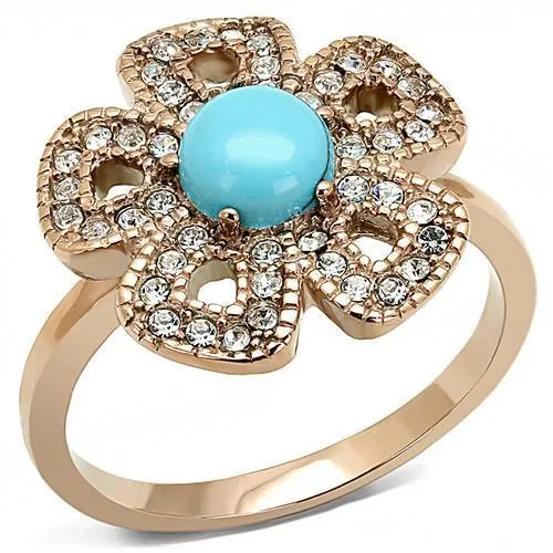 MT1023 - IP Rose Gold(Ion Plating) Stainless Steel Flower Ring with Synthetic Turquoise in Sea Blue
