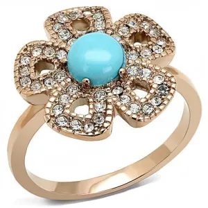 MT1023 - IP Rose Gold(Ion Plating) Stainless Steel Flower Ring with Synthetic Turquoise in Sea Blue