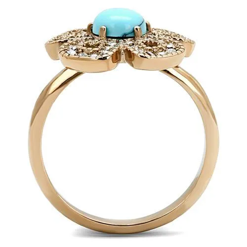 MT1023 - IP Rose Gold(Ion Plating) Stainless Steel Flower Ring with Synthetic Turquoise in Sea Blue