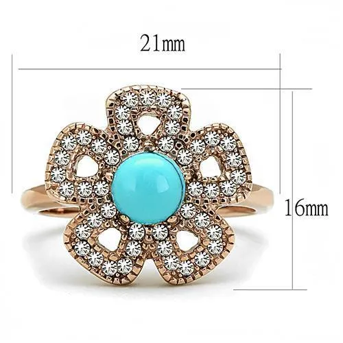 MT1023 - IP Rose Gold(Ion Plating) Stainless Steel Flower Ring with Synthetic Turquoise in Sea Blue